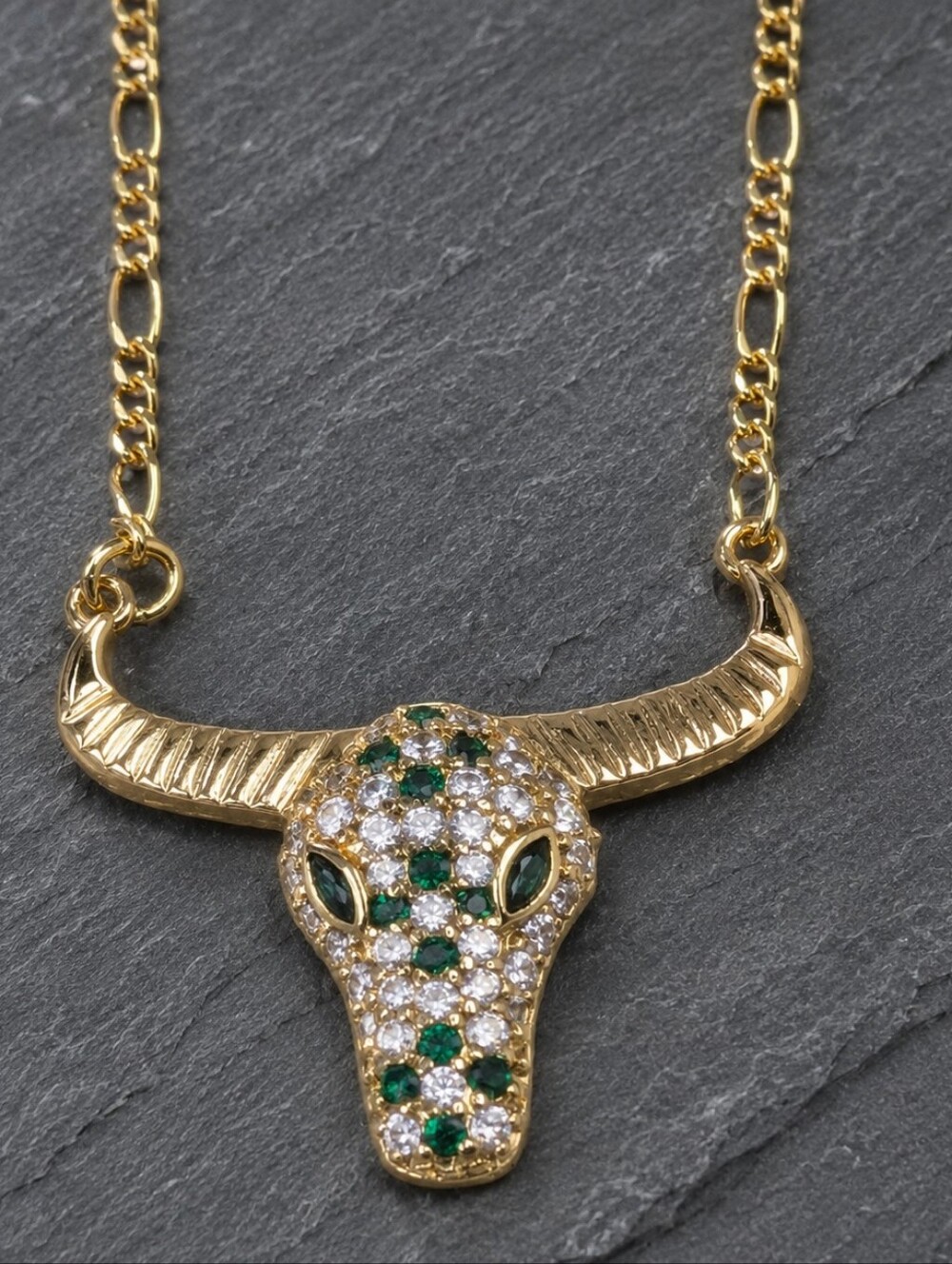 Longhorn Skull Necklace Western Cowgirl CZ Cow Head Pendant 18K Gold Plated